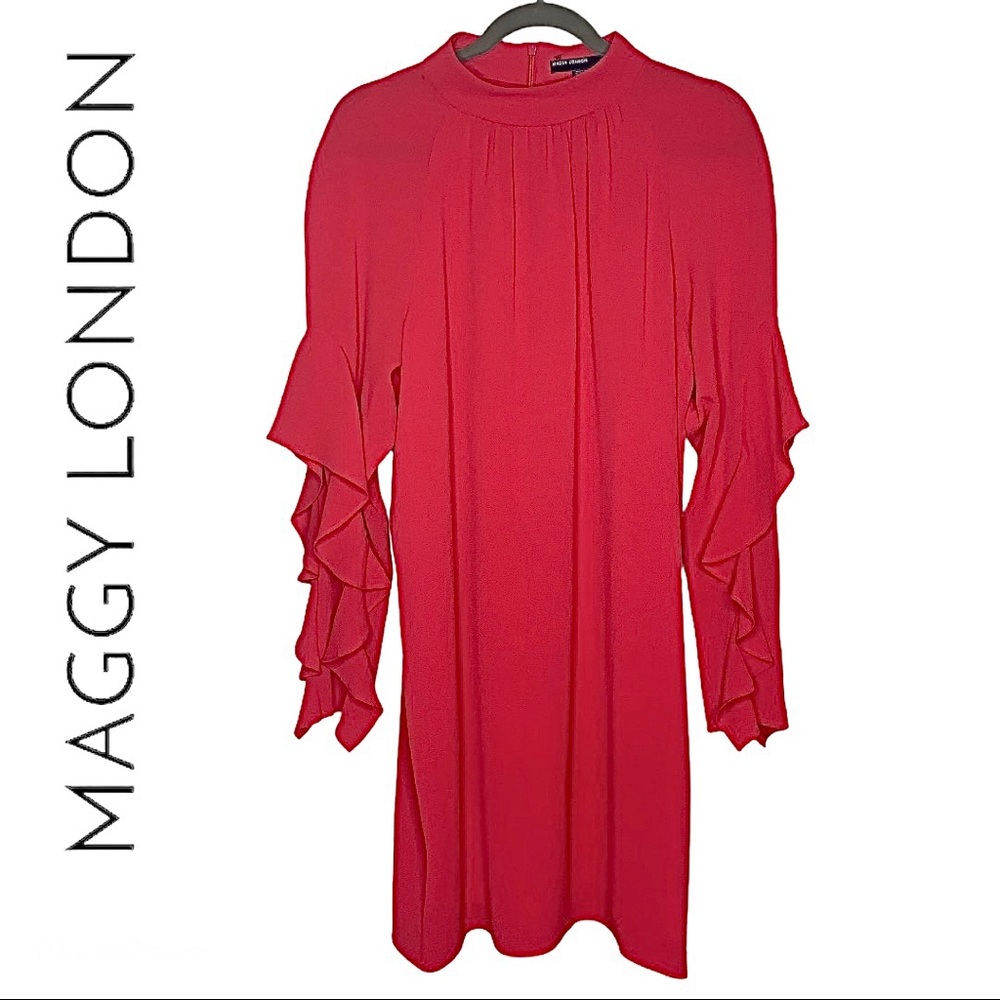 💥 SOLD💥Maggy London Ruffle Sleeve Mock Neck Red Cocktail Dress 10 - Picture 3 of 11